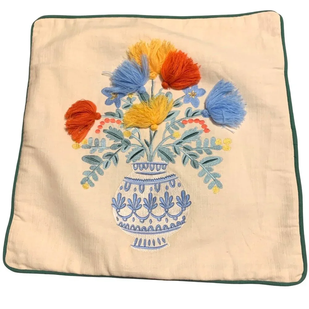 Rifle Paper Co. x Loloi Vase Study No.5 Embroidered Pillow Yarn Tasseled Flowers